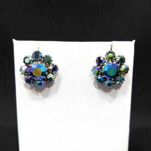 1950s Blue Aurora Borealis Rhinestone Screw Back Earrings Gold Tone Vintage